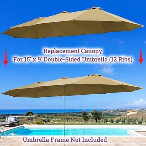 Large 15ft Khaki Double-Sided Patio Umbrella Replacement Canopy - 12 Ribs Waterproof Market Parasol Top Cover for Outdoor Yard, Dark Green
