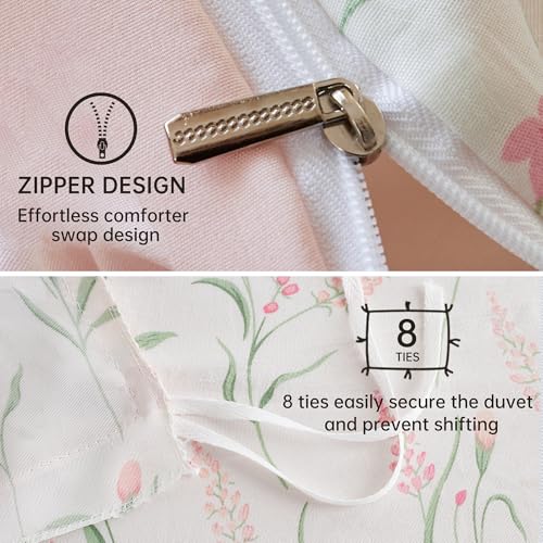 Image of BOLINLIVING Pink Floral Duvet Cover Queen Size, Reversible Botanical Spring Duvet Cover Set with 2 Pillowcases, Breathable Soft Microfiber Bedding Set for All Season with Zipper Closure