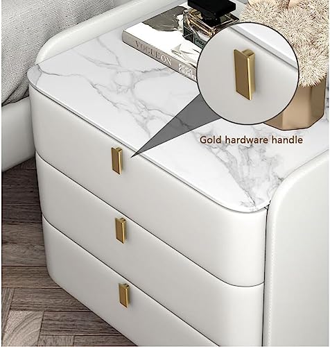 Mid Century Modern Nightstand Faux Leather Bedside Table with Marble Top 3 Drawer Wood Cabinet Stylish Black & White Bedroom Furniture 19.7" x 15.7" x 27.2" - Image 6