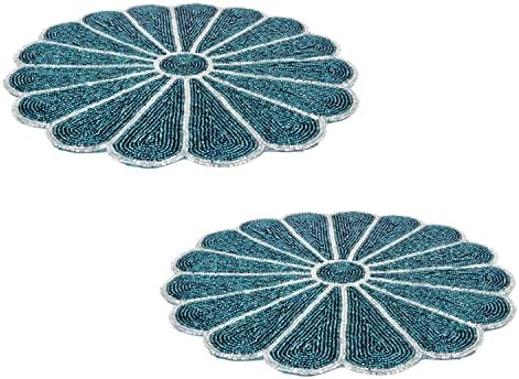 Farmhouse Beaded Placemats for Dining Table - Pack of 1 Measure 13 inches Beaded Placemats Round for Gathering, Occasional Decoration and Family Parties Celebrations in Silver/Teal Colour