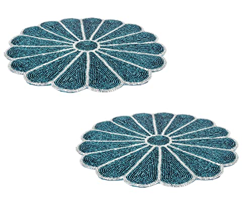 Handmade Round Beaded Placemat For Dining Table - Pack Of 2 Measure 13 Inches For Gathering, Occasional Decoration And Family Parties Celebrations - Teal/Silver #TOP2
