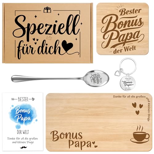 BONUS PAPA Geschenk Holz-Servierbrett Untersetzer Edelstahl-Löffel Schlüsselanhänger & Grußkarte | Stiefvatergeschenk Vatertagsgeschenk Geburtstagsgeschenk Geschenk zu Weihnachten für Bonus Papa