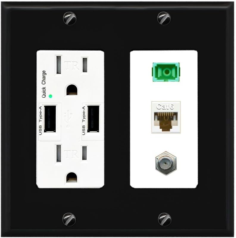 RiteAV 1 Port Fiber Optic Jack SC Simplex APC + Cat6 + Coax Wall Plate - USB Charger Outlet [Black/Black]