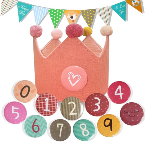 MutoToy Geburtstagskrone Musselin mit Zahlen, Geburtstagsbanner, Wiederverwendbar Geburtstagskrone für Mädchen Junge, Krone Geburtstag mit Button Zahlen von 0-9, Party Deko Hut für Kindergeburtstag