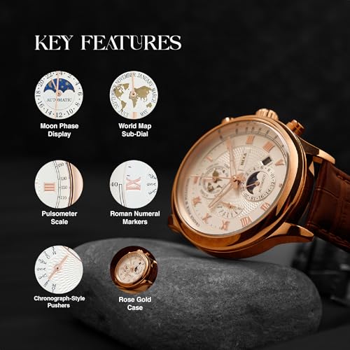 Image of HEXA Hustler Automatic Mechanical Watch for Men | Multifunction Analog Dial | Leather Strap | 45 mm Round Case | Mineral Glass | 3ATM Water Resistant Luxury Watch