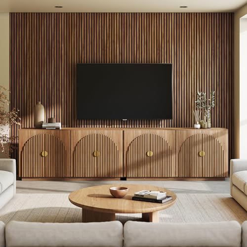 Image of BELLEZE Set of 2 Fluted Buffet Cabinet with Storage, 65 Inch Symmetrical Arc Accent Sideboard Large Console for Kitchen, and Living Room (Caramel Brown)