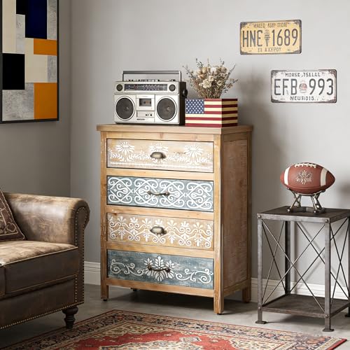 Image of DAPHOHAVEN 4-Drawer Small Accent Cabinet - Hand-Painted Carved Fronts, Solid Wood Storage Cabinet, Entryway Cabinet with Storage, Boho Decorative Storage Cabinet
