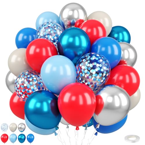 Image of Red and Blue Balloons, 50Pcs 12 Inch Red White Blue Silver Confetti Latex