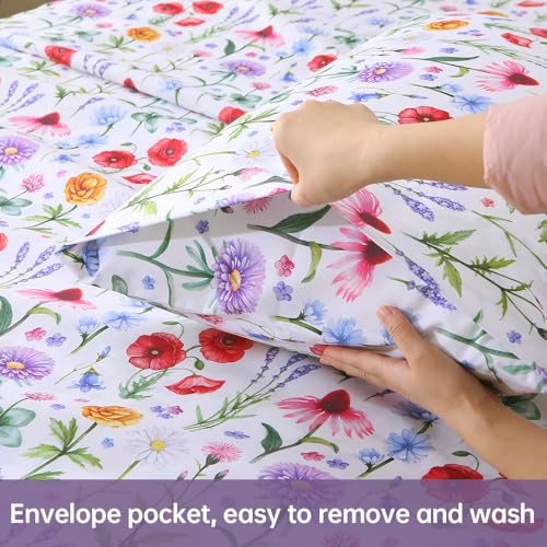 Image of MUXHOMO Queen Size 4 Piece Sheet Set, Soft & Breathable Sheet with Deep Pocket Up to 16 inch, Wrinkle-Free & Cooling Bed Sheet with Flat Sheet, Fitted Sheet & Pillowcases - Multicolored Flower