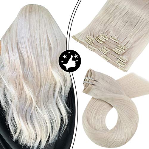Moresoo Blonde Human Hair Extensions Clip ins White Hair Extensions 18 Inch Solid Color #60A White Blonde Clip in Human Hair Extensions Seamless Hair Extensions 7PCS 100G Full Head Set