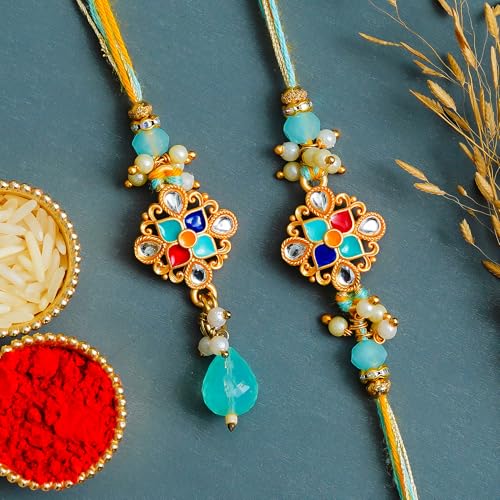 Image of eCraftIndia Multicolor Kundan Designer Rakhis for Brother and Bhabhi | Bhaiya Bhabhi Rakhi Set of 2