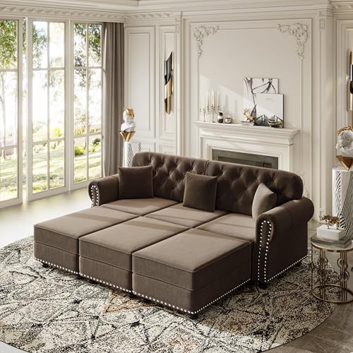 Image of KEIKI 83 inch Velvet Chesterfield Sofa with Rolled Arms & Nailhead Trim & 3 Ottoman, Modern 3-Seater Button Tufted Couch with High Resilience Cushion & 3 Pillow, Easy Assembly, for Living Room, Brown