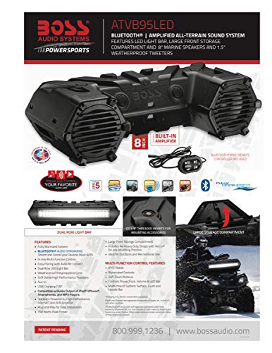 Boss Audio Systems Atvb95Led Utv Atv Speakers - Weatherproof, Atv Soundbar, 8 Inch Speakers, 1.5 Inch Tweeters, Amplified, Wired Remote For Bluetooth Connectivity, Led Light Bar, Storage Compartment #TOP6