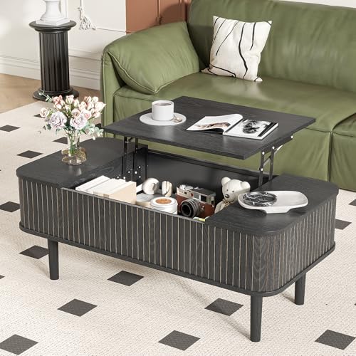 Image of Fluted Lift Top Coffee Table with Storage, Mid Century Modern Coffee Table for Living Room, Home Small Space,39.4 inch Fluted Center Table (Rectangle-Black, 39.4inch)