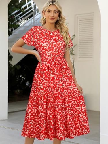 Image of Lyrur Women's Dresses Casual Summer Tiered Midi Dress Short Sleeve Belted Ruffle Babydoll Boho Sundress with Pockets