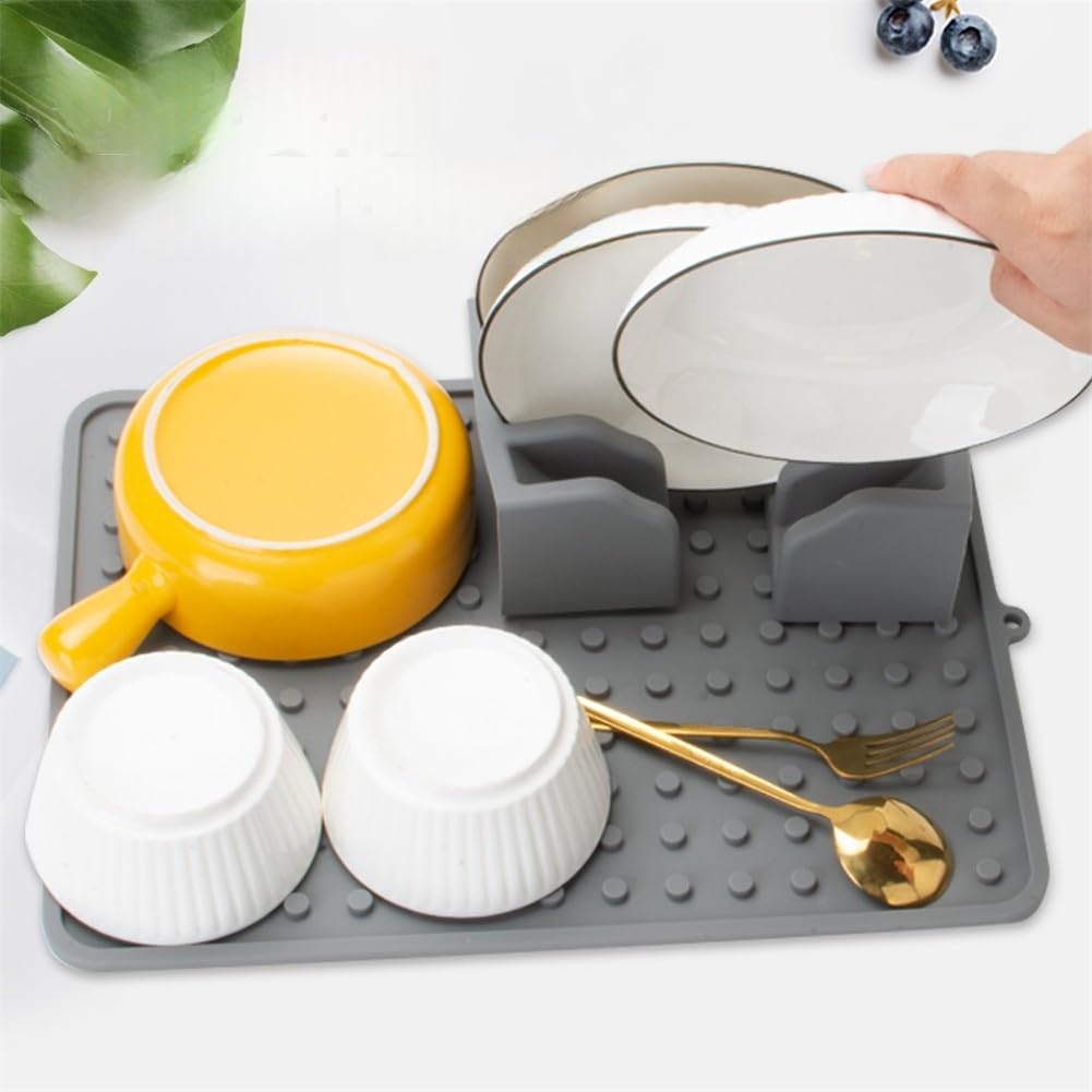 Tapis de séchage en silicone ZYNCUE avec support vaisselle gris 40x30 cm pour cuisine
