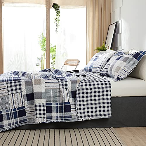 Blue White Brown Plaid Quilt Set King Size Reversible Patchwork Bedspread Lightweight Blanket Soft Breathable Buffalo Check Bedding Gingham Coverlet Checker Bed Set Geometric Home Decor #TOP3