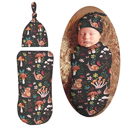 Image of Muishi Mushrooms Snails Butterflies Newborn Swaddle Blankets Hat Sets Soft Baby Receiving Blanket Swaddle Sack for Baby Shower Infant Boy Girl Gift