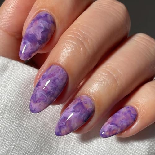 Image of NBNTGH Marbling Press On Nails Purple Ombre French Almond False Nails, 24 Pcs (Pack of 24), ABS Material, Glossy Finish, Full Cover, Reusable
