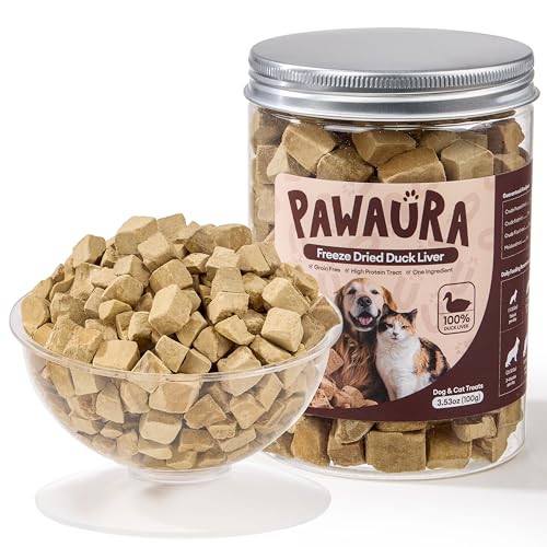 Pawaura Freeze-Dried Duck Liver Treats for Dogs & Cats, Single Ingredient, High-Protein, Grain-Free, All-Natural Pet Snack, Resealable Tub, Ideal for Training or Meal Topper, 3.53oz