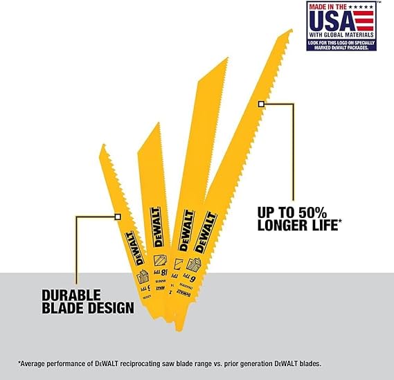 DEWALT Reciprocating Saw Blades, 10 Piece Bi-Metal Combination Set with Case, Various Sizes 6 In to 9 In, Longer Life (DW4898)