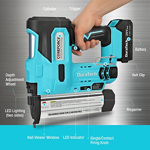 Duratech 20V Cordless Brad Nailer, 18 Gauge, 2-In-1 Nail/Staple Gun For Upholstery, Carpentry, Including 2.0Ah Rechargeable Battery, 1H Quick Charger, 1000 Staples, 1000 Nails And Carrying Case #TOP1