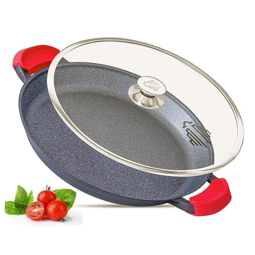 Paella panna eller stekpanna med lock – kök, hem nödvändigheter – för stekning, rostning, broiling – 32 cm bas stekpanna i rostfritt stål – tysk GREBLON non-stick stenhärledd beläggning (32 cm)