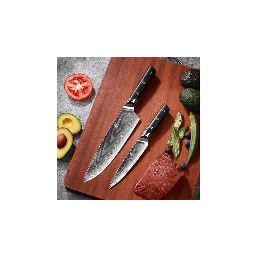 ZongChuan 8C Damascus Kitchen Knife Set 2pc,8" Chef Knife and 5.5" Utility Knife,High Carbon Stainless Steel,5-Star Sharp Standard,Black Ergonomic G10 Handle,Love's Gift Box