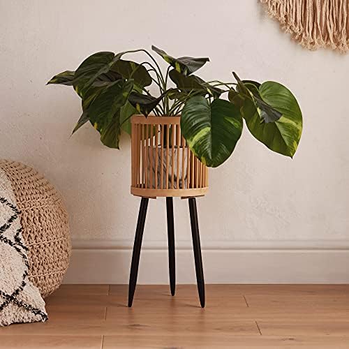 Beautify BTFY Bamboo Plant Pot Stand - Boho Slatted Planter - Reeded Raised Plant Holder w/ Black Slanted Wooden Legs Indoor - For Home, Table, Office - 15.8cm Internal Diameter
