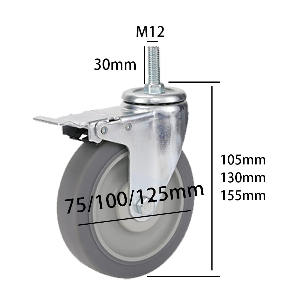 roulettes de 3 Pouces pour Meubles, roulettes pivotantes M12, roulettes à Tige Robustes avec Frein, roulettes en Caoutchouc sans Bruit, Lot de 4 (100 mm avec Frein)