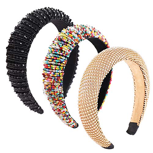 NVENF 3PCS Rhinestone Crystal Padded Headband for Women Bejewelled Hairbands Colorful Bead Embellished Headbands Fashion Hair Hoop Birthday Party Headwear (Style B)
