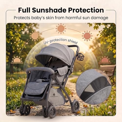 Image of StarAndDaisy Foldable Stroller for Baby 0-3 Years Infant & Toddler / Travel Pram for Baby with Adjustable Canopy & Footrest with Lockable Wheels, Multi-Level Recline , Removable Tray , Safety Harness Belt (Grey)