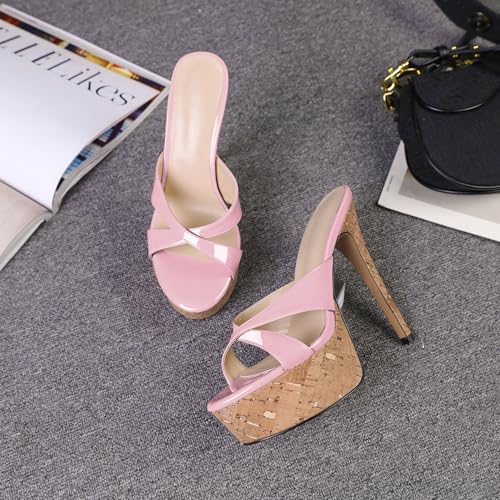 Image of Esvowido Heeled Mules for Women Cork Platform Stiletto Heels Slip on Open Toe High Heeled Sandals Crisscross Slippers Pumps Shoes