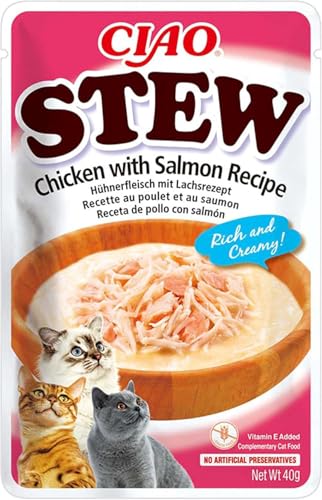INABA Ciao Stew Katzensnacks 86% Feuchtigkeit und Vitamin E, Cremige Premium Katzenleckerlis mit Huhn & Lachs 40 g (1er Pack), Leckere Ergänzung für Nass- und Trockenfutter
