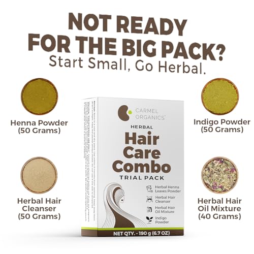 Image of CARMEL ORGANICS Herbal Hair Care Combo - Trial Pack of 4 Natural Herbs for Healthy Hair | 100% Pure & Natural | Ideal for Hair Growth, Dandruff, and Shine, Mini Pack. Mighty Herbs. Test Before You Invest