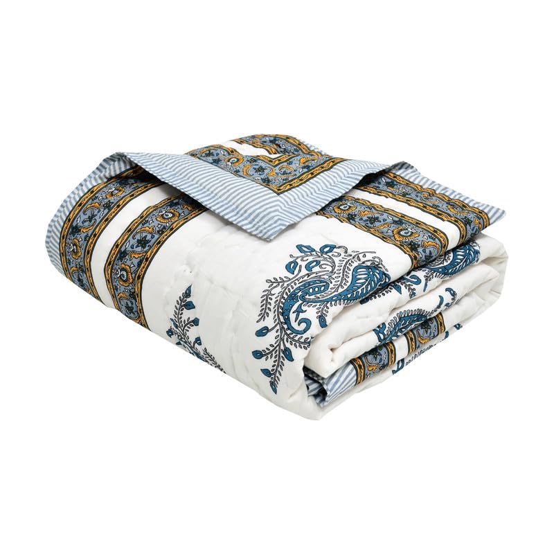 Image of BLOCKS OF INDIA Cotton Single Size Quilt Hand Block Print for Light Winters (60x90 Inches) (Grey Yellow BUTI)-300 TC