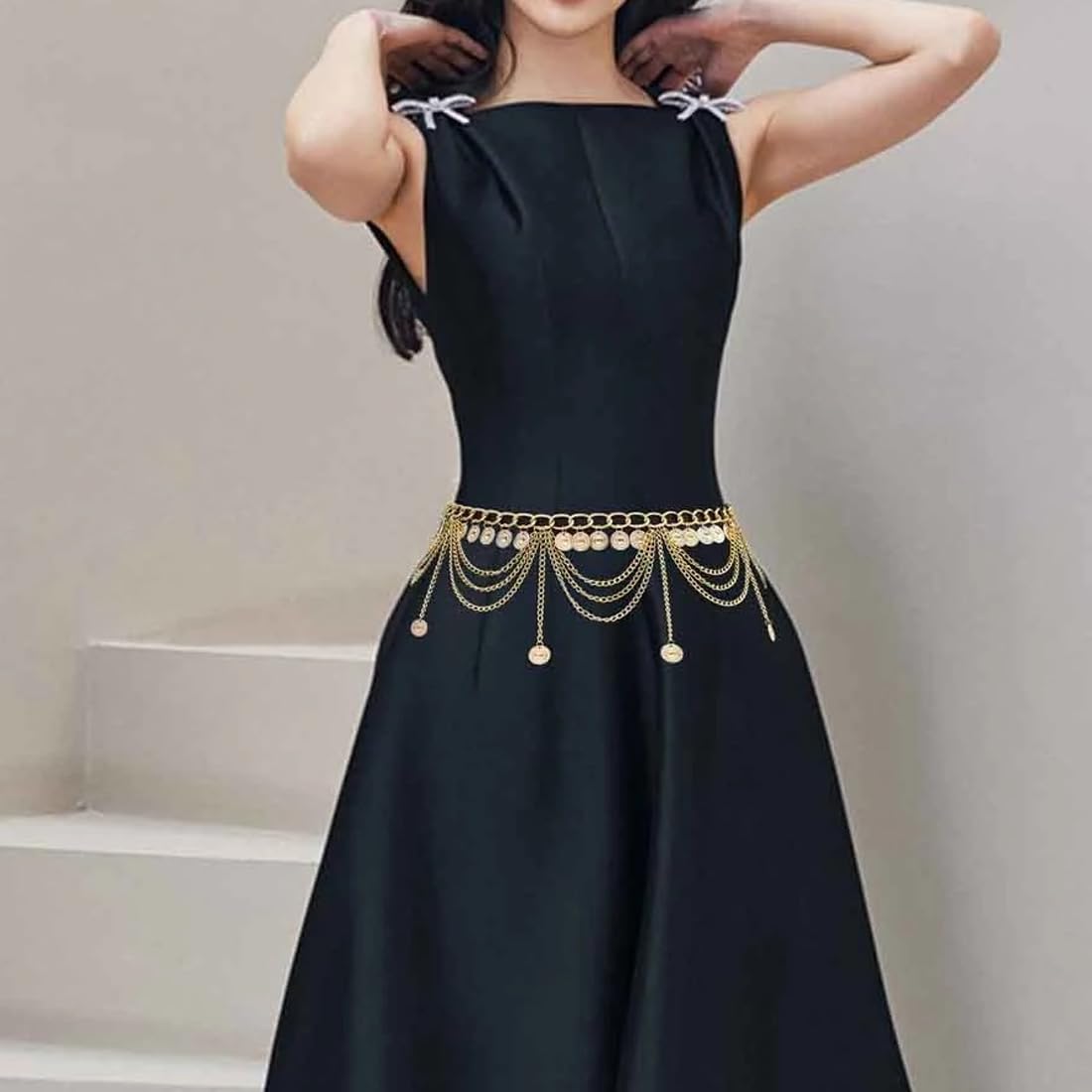 Cadenas de cuerpo,Cinturones para mujer,Accesorio de cadena para cintura para danza del vientre con colgante de borla, longitud de cadena 70 cm + cadena alargadora 30 cm (oro)