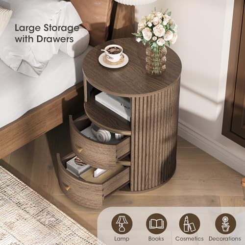 Image of JOINICE Walnut Round End Table with Storage, Open Shelf and 2 Drawers | 24 inch Tall Sofa Side Table, Mid Century Modern Nightstand for Living Room, Bedroom, Beside Sofa, Accent Piece, Easy Assembly