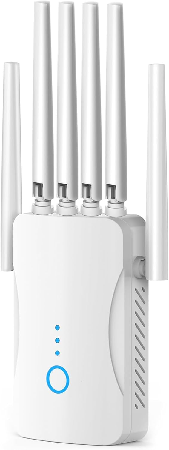 WiFi Repeater Powerful WiFi Signal Amplifier, WiFi Extender Long Range 6 Antennas, Repeater/App Mode, 9000 sq.ft Coverage, Home and Office, Simple Installation (Silver White)