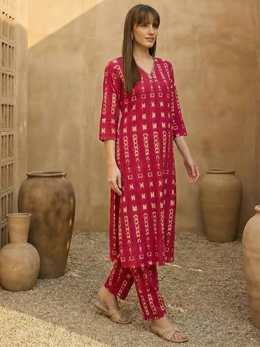 Image of INDO ERA Women Cotton White Printed Straight Kurta Pant Set