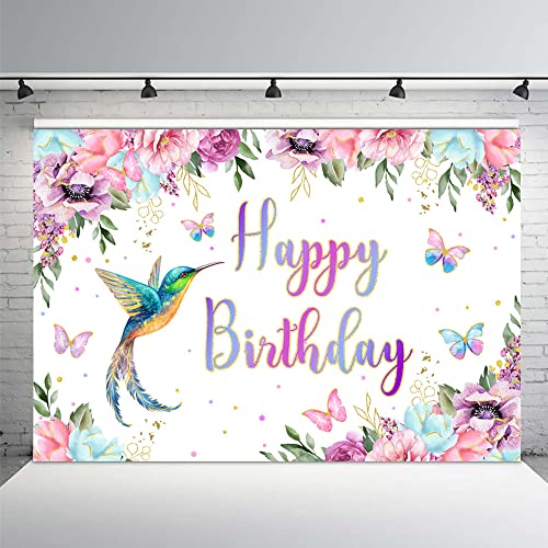 MEHOFOND 7x5ft Hummingbird Birthday Backdrop Spring Watercolor Floral Background Girl Happy 1st Birthday Party Supplies Colorful Butterflies Decoration Photo Booth Props