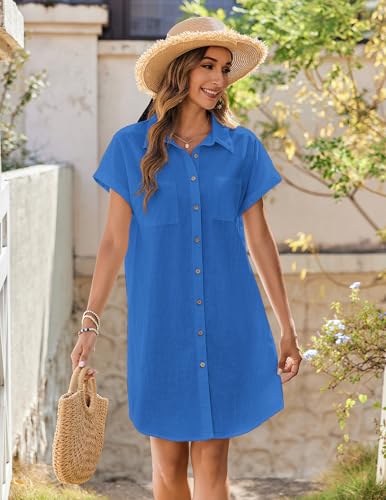 Image of Zeagoo Summer Dresses for Women 2025 Cotton Button Down Short Sleeve Tshirt Dresses Casual Mini Beach Dress