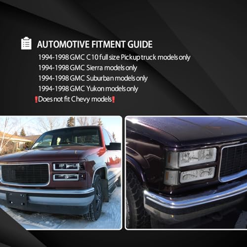 AUTOZENSATION Compatible with 1994-1998 GMC C10 Pickup Truck GMC C/K 1500/2500/3500 Chrome Housing Smoke Lens Headlights Bumper Lamps w/LED Tube L + R Pair Headlamp