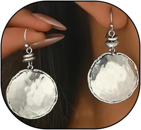 Antique Silver Hammered Coin Disc Dangle Earrings for Women,Simply Geometrical Matte Round Dangling Earring Punk Party Trendy Jewelry Accessories Gift