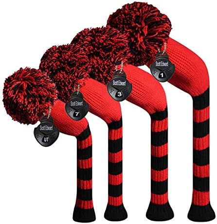 Scott Edward Black Red Big Stripes Golf Club Head Covers, Acrylic Yarn Double-Layers Knitted, with Rotatable Number Tags Set of 4