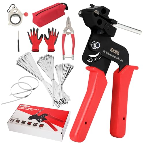 REKCKRUL Stainless Steel Cable Tie Gun Set Heavy Duty Metal Zip Tie Tool Kit - 150PCS Self-Locking Ties Adjustable Fastening & Cutting Tool for Outdoor Fencing Automotive Exhaust Pipes (Red)
