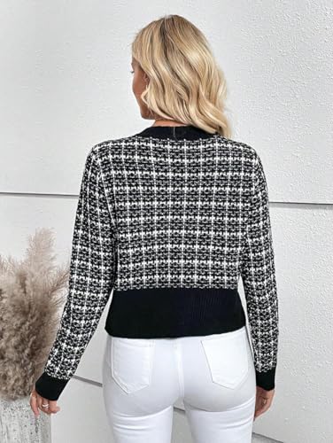 SKAYS Womens Tweed Plaid Cardigan Blazer Dressy Casual Button Front Cardigan Crew Neck Long Sleeve Texture Knit Jackets3