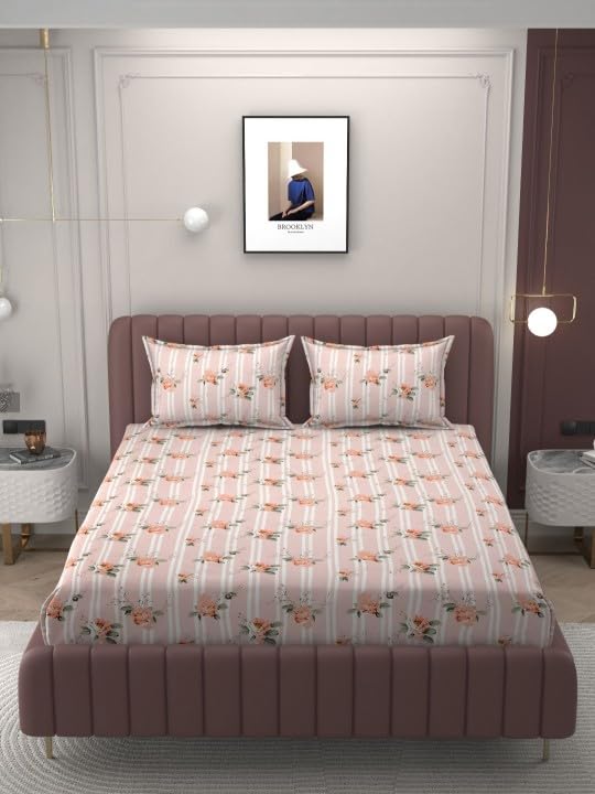 Image of 380 TC Premium Glace Cotton Elastic Fitted Bedsheet King Size with 2 Pillow Covers King Size | Double Bed with All Around Elastic (Rose Flower, Fitted - 72 inchx78 inch King)