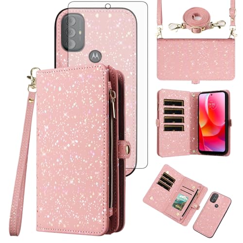 Étui portefeuille amovible pour Motorola XT2271DL - Coque magnétique rose pailletée