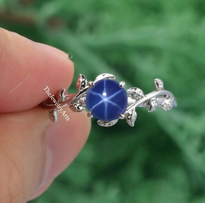 Blue Star Sapphire Engagement Ring, Leaf Sapphire Gemstone, 925 Sterling Silver Jewelry For Women, Lindy Blue Star Design, Promise Ring For Her.3